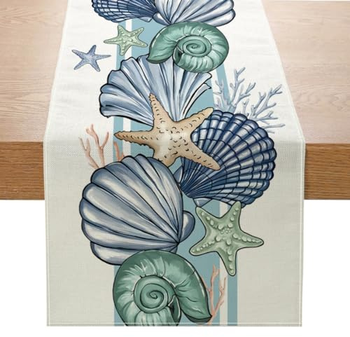 Avoik Sommer Mode Muscheln Tischläufer Ozean Thema Tropische Blau Tischläufer Saisonale Bauernhaus Tisch Center Dekor für Küche Dining Party Holiday Home Decor, 33x180cm, Shell