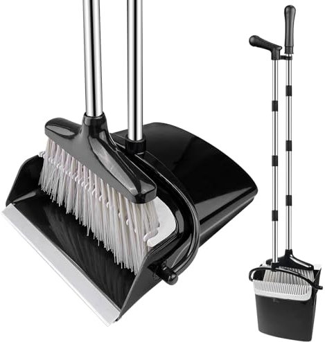 Ghazpmuk Set Scopa e Paletta Alta Verticale in Acciaio Inox - Paletta Richiudibile Con Denti a Pettine per Casa, Interni, Giardino - Broom and Dustpan Set