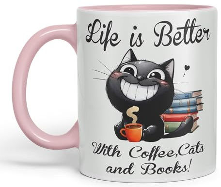 Vixar Life is Better with Coffee, Cats and Books, Cat Kitten Joke sarkasm Sarcastic Ceramic Coloured Mug Cup for Tea Coffee Hot Brew 330ml 11Oz Gift (Pink)