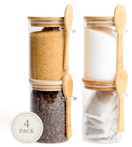 Livabl Set of 4 Glass Jars with Bamboo Lids & Spoons (500ml) – Glass Storage Jars with Lids for Tea, Coffee, Sugar, Spices & More – Stylish Kitchen Food Storage Containers
