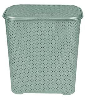 CHPL 45L Litre Small Laundry Basket With Lid Plastic Rattan Style Knit Design Laundry Hampers Washing Baskets Bin with Handles Dirty Linen Clothes Basket Bin for Bathroom Bedroom - (Silver Sage)