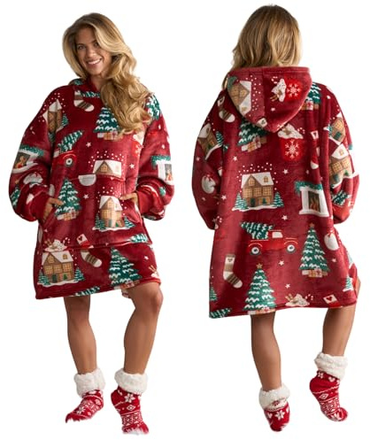 OHS Christmas Hoodie Blanket, Christmas Gifts for Women Super Soft Warm Sherpa Fleece Wearable Blanket Comfy Cosy Giant Sweatshirt Big Pocket Oversized Hoodie Women Adult Men, Red