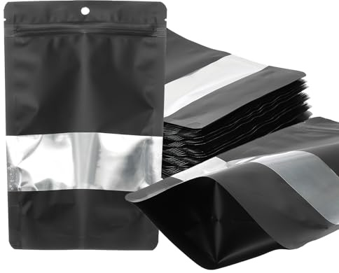PATIKIL 12 x 20 cm stående påsar, 60-pack återförslutningsbara matt metalliska aluminiumfoliepåsar påsar med klart fönster och dragkedja för matförvaring mellanmålsförpackning, svart