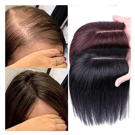 Toupet-Haare für Frauen, Echthaar-Topper for Frauen mit dünner werdendem Haar, atmungsaktive Clip-in-Haarteile auf Seidenbasis, 20 cm, glattes Remy-Haar, ohne Pony,für den täglichen Gebrauch(Schwarz,