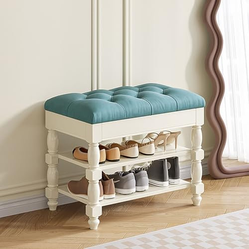 Schuhbank aus Massivholz mit Stauraum und Knopf umwickelt, 2-stöckiges Schuhregal, PU-Sitzkissen, Bettbank und Wickelhocker für Schlafzimmer, Wohnzimmer, Eingangsbereich, Blau, 60 x 40 cm
