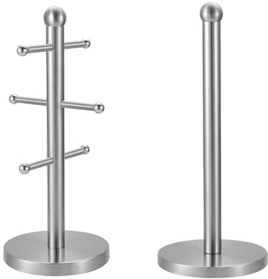 UNIQUE CRAFTS Stainless Steel Paper Towel Holder and Mug Tree Set, Paper Roll Holder and Coffee Mug Holder Stand for Kitchen, (silver)