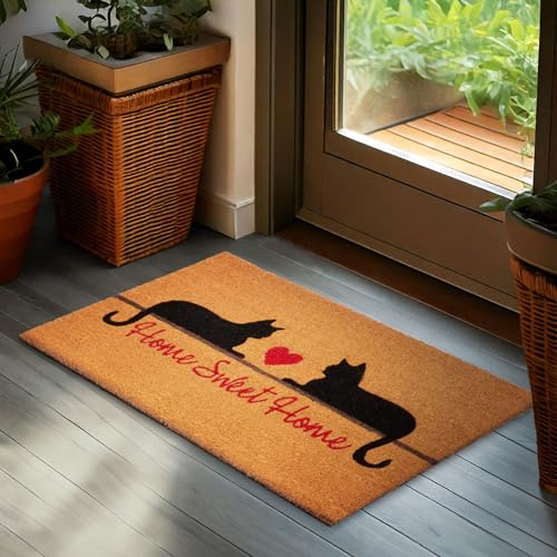 BRUBAKER Dörrmatta för Utomhus- och Inomhusbruk - Home Sweet Home - 45 x 75 cm Smutsavskiljande Matta av 100% Kokos - Kokosmatta med Katter Väderbeständig och Halkfri - Entrématta för Ytterdörr - Grå