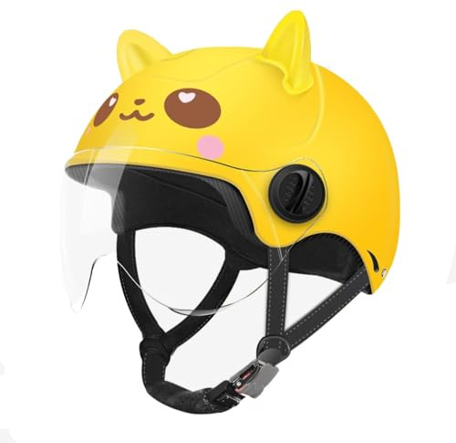 Cute Kids Motorcycle Half Helmet with Cat Ears, Ultra-Thin Half Shell Open Face Helmet with Cartoon Pattern for 2-14 Years Old Child ATV Cruiser Electric Scooter Helmet DOT Approved(H)