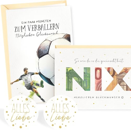 Geldgeschenk Wunscherfüller Fußball und Nix Set mit 2x Gratulationskarten inkl. Umschlag und Sticker – Geldgeschenke Geburtstag, Gutscheinkarte, Geburtstagskarte Frau, Jugendweihe Karten, Konfirmation
