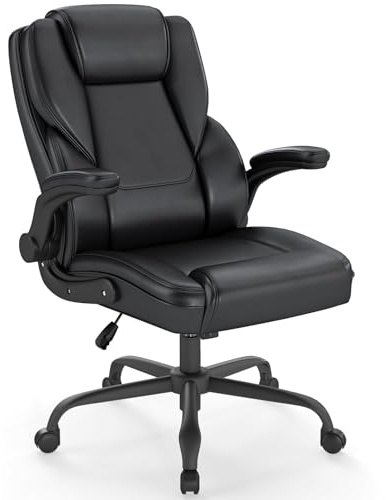 ZZH Sedia Direzionale Ufficio, Sedia da Lavoro Ergonomica in Pelle PU Schienale Alto con Braccioli Ribaltabili, Supporto Lombare, Altezza Regolabile e Funzione Dondolo, Nero