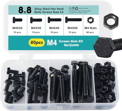 GuoYomm M4 80 Stück Schrauben Set, Sechskantschrauben Bolzen und Muttern set, Maschinenschrauben schrauben, 8.8 Grad Kohlenstoffstahl, Längen: 20mm, 30mm, 40mm, 50mm