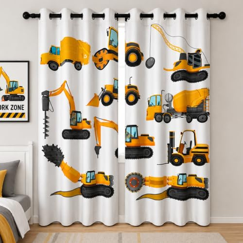 YONGFOTO Cortinas Excavadora para Dormitorio Niño Bulldozer Tractor Coches Vehículos de Construcción Cortinas Opacas Habitacion Juvenil Infantiles con Ojales 2 Paneles 107 x 160 cm