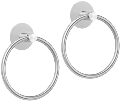GlazieVault Towel Ring Self Adhesive Pack 2 – SUS304 Stainless Steel Wall Mounted Hand Towel Holder, Chrome Round Towel Ring for Kitchen Towels & Bathroom Storage (Silver)