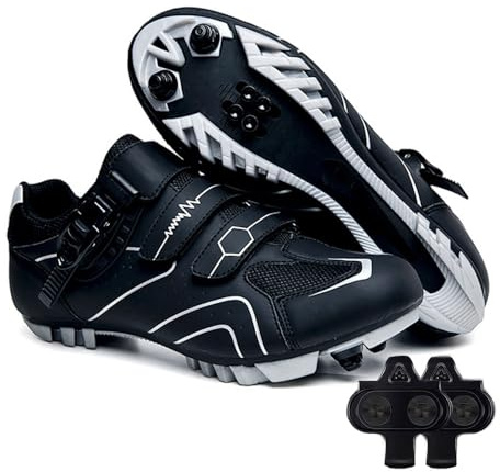 Treer Outdoor Cycling Shoes Mens Womens, MTB Mountain Bikes Cycle Trainers Shoes with 4 Holes Cleats Unisex Men Women Spin Bike for Indoor, 3.5-12 UK Size (Gray Black,11)