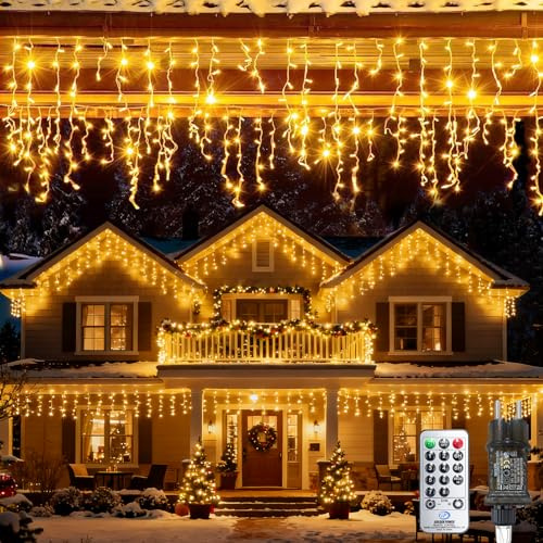Bowfar Eisregen Lichterkette Außen, 10M 400LED Weihnachtsbeleuchtung mit Fernbedienung und Memory-Funktion, Warmweiß Wasserdicht Lichtervorhang Fenster für Balkon Party Weihnachten Haus Geländer