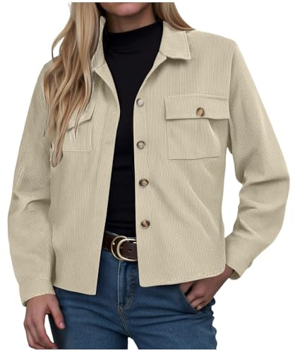 ZhungZaoh Cordjacke Damen Übergangsjacke Langarm Button Down Blouson Jacke mit Taschen Herbst Winter Casaul Jacket Kurze Cord Jacke (Beige, S)