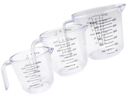 Ipetboom 3 pezzi Misurini da Cucina in Plastica Trasparente Tazze Graduati per Misurazione Precisa Design Bocca Antigoccia Manico Antiscivolo per Dolci e Bevande Riutilizzabile