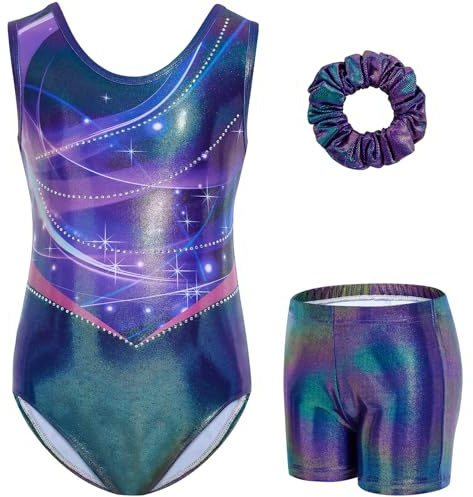 Gogokids Flickor, ärmlös, strass, gymnastikset, 3-delat barn, leotard med shorts och hårband, mesh-insydd halsringning, gymnastikdräkt, flickset i åldern 3–12, perfekt som en gåva för gymnastik