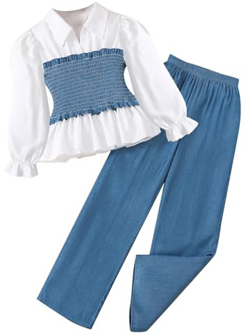 Generisch Chándal para niños Chándal Chándal Niñas Conjunto Niñas Moda Denim Camisa Empalme Manga Larga Top Color sólido Casual Pantalones de pierna ancha, azul, 6-7 años