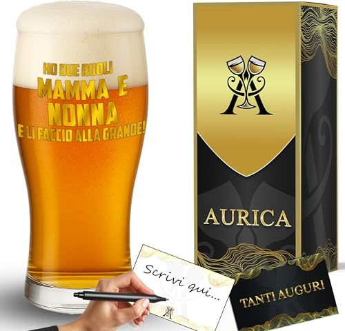 Aurìca Bicchiere Da Birra Personalizzato HO DUE RUOLI MAMMA E NONNA E Per Celebrarla Al Meglio, Un Calice Che Dice Ti Vogliamo Bene, Festa Della Mamma Con Un Brindisi Speciale - Boccale Da 500ml