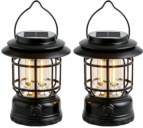 LED Campinglampe Dimmbar, Retro Camping Laterne mit USB-C Aufladbar, Tragbare IPX4 Wasserdichte Lampe für Camping, Zelt, Garten, Notfall, Wandern, Stromausfall (2 Stück Schwarz)