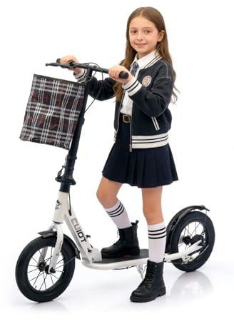 GHBXJX City Roller Erwachsene 150 kg Tragkraft 290mm Big Wheel Scooter, Klappbarer Cityroller mit Handbremse und Bremse, Tretroller Kinder ab 12, Höhenverstellbar Kickscooter,Weiß