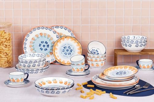 BJORN Service Vaisselle Complet NAPOLI 28 Pièces – Service de Table 4 Personnes en Porcelaine Blanche Peinte à la Main – Assiettes, Bols, Tasses – Arts de la Table