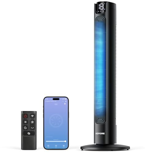 KOMORE Silent Tower Fan, 4 Modes & 3 Speeds, 90°Oscillating Cooling Fan for Bedroom, 7m/s Standing Fan with Remote/APP, LED Room Temp Display, 12H Timer, Powerful Bladeless Fan for Home Office, Black