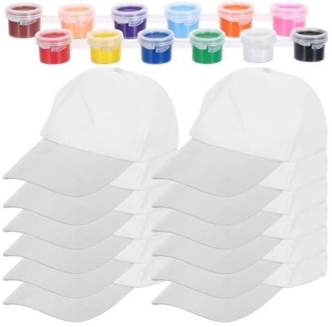 Housoutil 12Pack Kids White Baseball Caps with 3ml of 12-Color Paint Set | For Summer Camp, Birthdays, Classrooms, Parties Art Crafts Outdoor Activities and Party Bag Fillers | Cotton | Paint Included