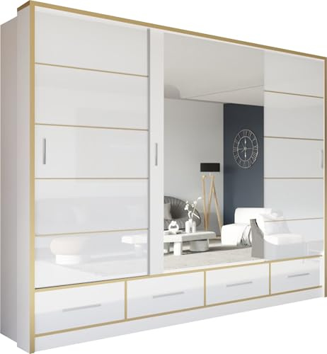 Verona High Gloss Sliding Wardrobe with Mirrored Centre Doors, LED Lighting, 4 Drawers, Shelves & Hanging Rails, Gold Accent Design, 203cm & 253cm (White, 253cm)