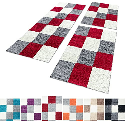 Unbekannt Shaggy Hochflor Teppich Carpet 3TLG Bettumrandung Läufer Set Schlafzimmer Flur, Farbe:Rot, Bettset:2x80x150+1x80x250