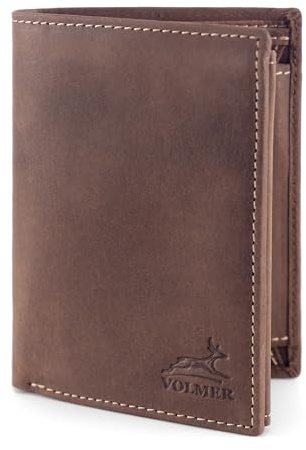 Fa.Volmer ® Leder Geldbörse Herren mit RFID-Schutz - weiches Wildleder, helle Nähte - 12 Fächer für Kreditkarten - Hochformat - Braun