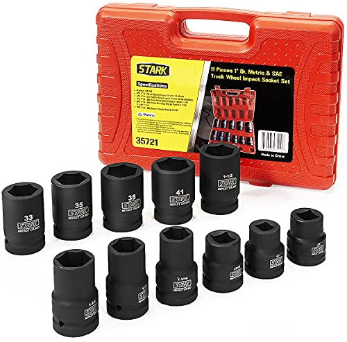 Stark USA 11-Pieces Impact Socket Set 1-inch Drive Wheel Axle Nut Wrench Metric & SAE Truck Socket Wheel Cr-Mo Steel 6-Point 17, 21, 33, 35, 38 & 41mm 1-1/16, 1-1/8 & 1-1/4 and 13/16 w/Case