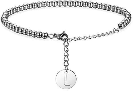 Flong Damen Frauen Armband Herren Männer Armreif Kugelkette in Silber Ton mit Name Alphabet L Buchstaben Anhänger