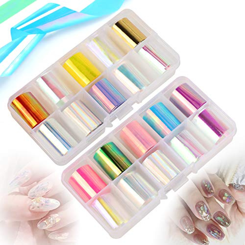 MWOOT 20 Rollen Nail Art Broken Glass Pieces Mirror Foils,DIY Glänzend Nagel Aufkleber Abziehbilder Nail Art Tipps Warps, Holographische Glas Papier Nagel Dekorationen Kit (2.5cm x 50cm)