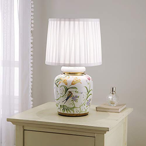 Traditional Ceramic Floral Table Lamp with White Pleated Shade 44cm Table Lamp Floral and Birds Design