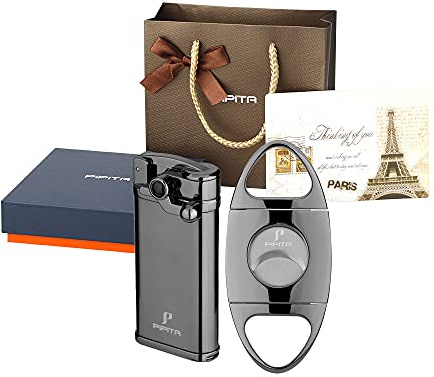Cigar Torch Lighter Gift Set, Single Jet Lighter and Cutter, Windproof Lighter with Punch, Refillable Butane Pocket Firelighters with Nice Gift Box for Him Men (Without Gas)