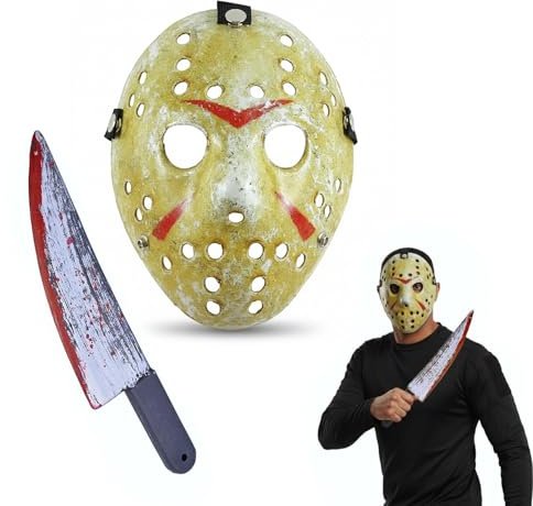 Dreamzfit Jason Voorhees Mask with Bloody Toy - Official Friday the 13th Halloween Hockey Mask for Adults, Horror Cosplay Costume, Scary Fancy Dress Accessory for Men & Women