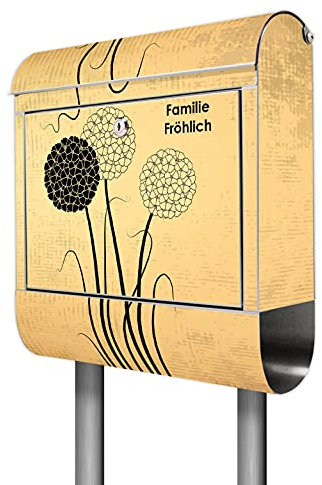 banjado® Briefkasten mit Standfuß personalisiert Motiv Zwiebel Vintage - Stand Briefkasten Edelstahl mit Zeitungsfach - Postbox/Postkasten A4 Einwurf inkl. Montagematerial & 2 Schlüssel