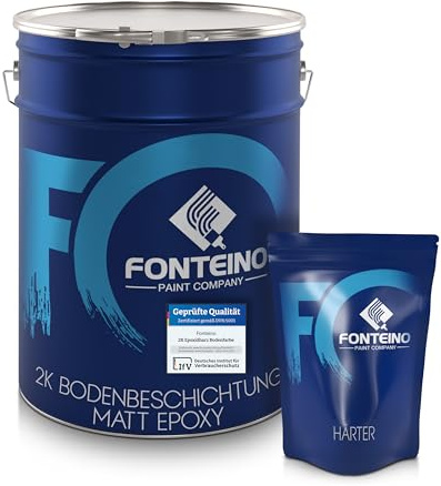 Fonteino 2K Epoxidharz Bodenbeschichtung Bodenfarbe Bodenlack MATT für Garage, Keller & Gewerbe – strapazierfähig, chemikalienbeständig & lösungsmittelfrei - Platingrau 20KG