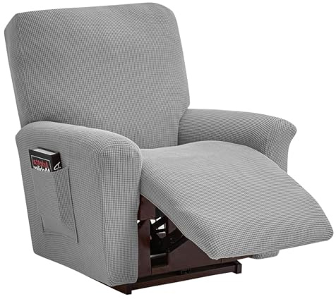 TOPCHANCES Sessel überzug Stretch,Sesselschoner mit Taschen Wohnzimmer,Einfarbig Samt Elastisch Sesselbezug Komplett Sesselbezug,Angepasster für Fernsehsessel Bezug(Silbergrau)