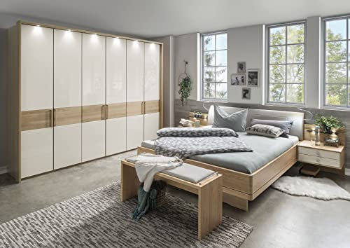 WIEMANN Kiruna Bett, Doppelbett, Bettgestell 160 x 220 cm, Eiche, Futonbett, Komforthöhe, Polster-Kopfteil, Kunstleder, schwebend