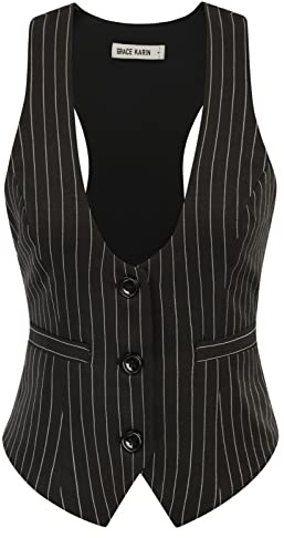 GRACE KARIN Women Black Vest Academia Vintage Blazer Waistcoat Vest Stripes