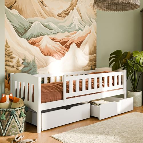 Kids Collective Kinderbett Einzelbett 90x200 cm mit Zwei Schubladen, Rausfallschutz, Lattenrost, aus Vollholz massiv in weiß, Funktionsbett Jugendbett 90x200 cm | von 4. bis 18. Lebensjahr
