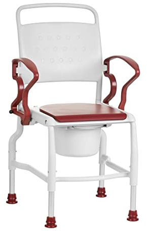Toilettenstuhl für Senioren FabaCare Kiel, höhenverstellbar, mit Eimer, abschwenkbare Armlehnen, Nachtstuhl, Hygienestuhl, Leibstuhl, WC-Stuhl, made in Germany, bis 130 kg, Grau-Rubinrot