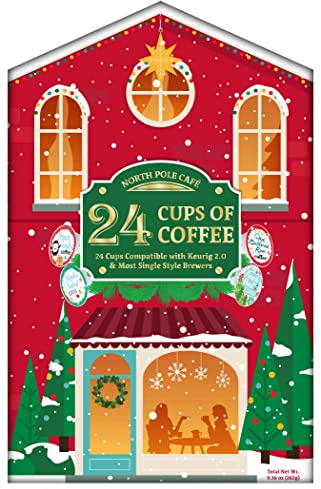 HOLIDAY COFFEE ADVENT CALENDAR GIFT SET / 24 Cups Of Premium Single-Serve 100% Arabica Holiday Flavored Coffees in a beautifully decorated Christmas Countdown Calendar