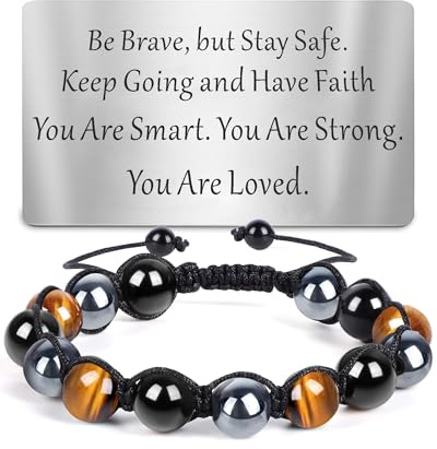 TOLOWOBK Mens Bracelet - Tiger Eye Obsidian Hematite Beads Gifts for Men | 10mm Natural Stone Crystal Beaded Bracelet Personalised Triple Protection Christmas Birthday Gifts for Him Dad Son Grandson