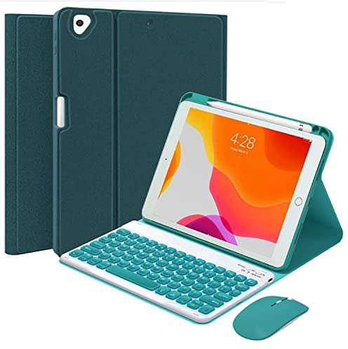 QYiiD Funda con Teclado Español para iPad 9.7 2018/2017, iPad Air 2/1, iPad Pro 9.7, iPad 6ª/iPad 5ª Generación, 7 Colores Retroiluminados Bluetooth Tecladocon Ratón, Drak Verde