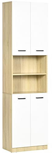 kleankin Badezimmerschrank mit 2 Schränken und 2 Regalen, Küchenschrank, Hochschrank mit Soft-Close-Funktion, Badschrank, Mehrzweckschrank, Weiß+Natur, 53 x 33,5 x 195,7 cm