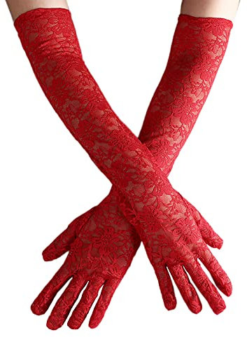 Wambere Damen Vintage Spitzen Brauthandschuhe Lange Spitzen Handschuhe für Hochzeit Oper Damen Accessoires,Damen Halb Transparent Tüll Braut Handschuhe,Lang für Hochzeit Abend 45cm,Rot